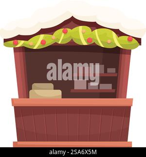 Kiosque en bois du marché de Noël avec des cadeaux sur des étagères décorées de guirlande et de neige sur le toit. Kiosque en bois de Noël vendant des cadeaux couverts de neige Illustration de Vecteur