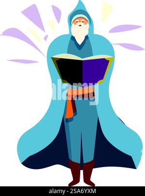 Sorcier puissant portant une robe bleue tenant un livre magique jetant un sort. Sorcier barbu sage portant une robe bleue tenant un livre magique Illustration de Vecteur