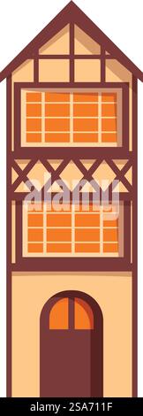 Ce grand bâtiment étroit arbore des lambris de bois de style européen traditionnel et une porte arquée brune. Maison traditionnelle de trois étages de style européen avec boiseries Illustration de Vecteur