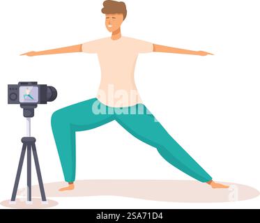Le professeur de yoga enregistre un cours de yoga en ligne, démontrant une pose pour ses élèves à suivre. Jeune homme enregistrant des cours de yoga en ligne avec caméra sur trépied Illustration de Vecteur