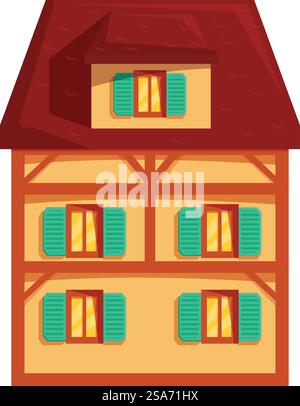 Maison européenne traditionnelle à colombages avec grenier et volets turquoise debout sur fond blanc. Maison européenne traditionnelle à colombages avec grenier et volets turquoise Illustration de Vecteur