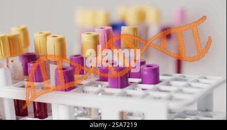 Image d'un brin d'adn orange sur des tubes à essai d'échantillon de sang dans un portoir Banque D'Images