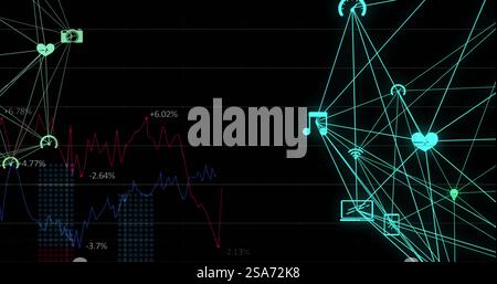 Image de réseaux de connexions avec des icônes sur fond noir Banque D'Images