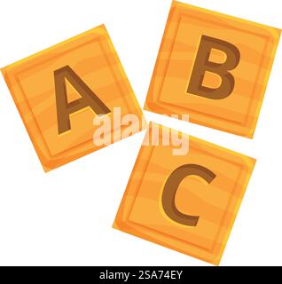 Trois cubes de bois formant les trois premières lettres de l'alphabet anglais. Cubes abc en bois formant des mots de base en langue anglaise Illustration de Vecteur