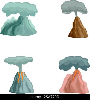 Icônes de volcan fumant définir vecteur de dessin animé. Éruption volcanique avec lave brûlante. Catastrophe naturelle. Icônes de volcan fumant définir vecteur de dessin animé. Éruption volcanique avec lave brûlante Illustration de Vecteur