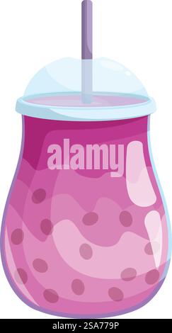 Boisson rafraîchissante et délicieuse à base de thé à bulles rose servie dans une tasse en plastique avec une paille. Tasse en plastique remplie de thé bulle boisson boba avec paille Illustration de Vecteur