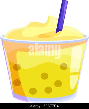 Rafraîchissant et délicieux tasse de thé moussant avec perles de tapioca et crème fouettée, parfait pour une journée chaude. Tasse en plastique de thé à bulles avec perles de tapioca et crème fouettée en cours de préparation pour le client Illustration de Vecteur