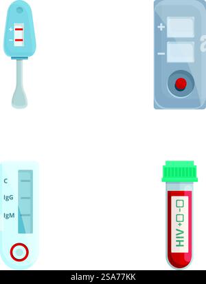 Vecteur de dessin animé de jeu d'icônes de test du VIH. EQUIPEMENT pour analyses sanguines. Concept de santé. Vecteur de dessin animé de jeu d'icônes de test du VIH. EQUIPEMENT pour analyses sanguines Illustration de Vecteur