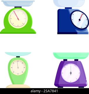 Collection de quatre balances de cuisine différentes, capturant à la fois des designs vintage et contemporains. Ensemble de balances de cuisine vintage et moderne Illustration de Vecteur