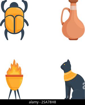 Collection d'icônes vectorielles représentant les symboles et artefacts égyptiens antiques. Icônes égyptiennes antiques set coléoptère, vase, feu, statue de chat Illustration de Vecteur