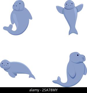 Collection d'illustrations mettant en vedette quatre adorables sceaux de dessins animés dans différentes poses. Ensemble de mignons sceaux de bande dessinée Illustration de Vecteur