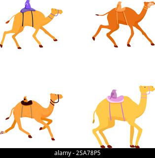 Collection de quatre chameaux de dessins animés stylisés, certains avec des selles, isolés sur un fond blanc. Ensemble de chameaux de dessin animé dans diverses poses Illustration de Vecteur