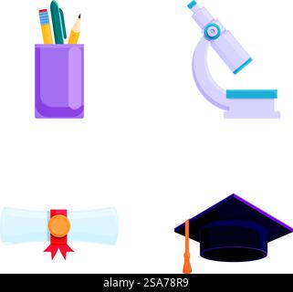 Les icônes de concept de graduation définissent le vecteur de dessin animé. Casquette d'études supérieures, diplôme et papeterie. Éducation, apprentissage. Les icônes de concept de graduation définissent le vecteur de dessin animé. Diplôme d'études supérieures et papeterie Illustration de Vecteur