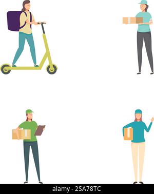 Ensemble de personnes de livraison avec des boîtes et scooter écologique, fournissant des services de messagerie. Service de livraison divers coursiers avec des colis et scooter Illustration de Vecteur