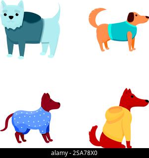 Les icônes de chien habillé définissent le vecteur de dessin animé. Race différente de chien dans des vêtements lumineux. Animal de compagnie mignon, mode. Les icônes de chien habillé définissent le vecteur de dessin animé. Race différente de chien dans des vêtements lumineux Illustration de Vecteur