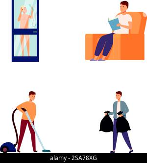 Collection d'illustrations mettant en vedette une personne engagée dans diverses tâches quotidiennes. Illustration de l'ensemble des activités quotidiennes Illustration de Vecteur