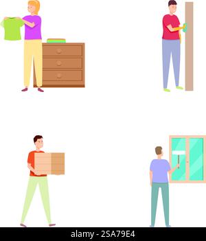 Quatre illustrations vectorielles montrant des hommes engagés dans des tâches ménagères quotidiennes. Ensemble d'illustrations d'activités quotidiennes Illustration de Vecteur