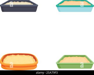 Illustration vectorielle de quatre boîtes à litière de différentes couleurs, isolées sur fond blanc. Ensemble de quatre bacs à litière colorés avec du sable Illustration de Vecteur
