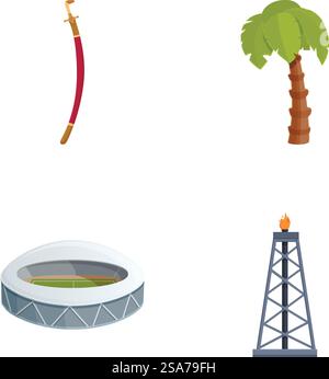 Ensemble de quatre icônes vectorielles représentant l'aventure, la nature, les sports et l'industrie. Collection d'icônes vectorielles assorties Illustration de Vecteur