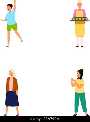 Collection de quatre illustrations représentant des individus engagés dans diverses actions avec des expressions joyeuses. Ensemble de personnes diverses appréciant différentes activités Illustration de Vecteur