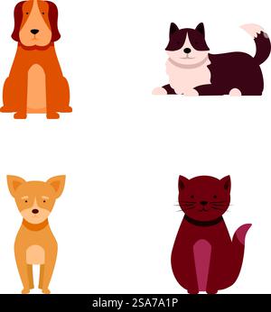 Collection d'illustration vectorielle avec des canines et des félins de dessin animé adorables dans un style simple. Ensemble de chiens et chats de bande dessinée mignons Illustration de Vecteur