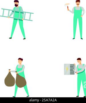 Collection de quatre illustrations vectorielles représentant un bricoleur dans différents scénarios de travail. Ensemble d'illustrations de bricoleur effectuant diverses tâches Illustration de Vecteur