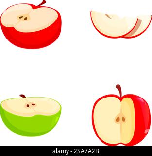 Graphismes vectoriels représentant des pommes rouges et vertes entières et tranchées, parfaites pour des motifs à thème alimentaire. Ensemble d'illustration de tranches de pomme fraîches Illustration de Vecteur