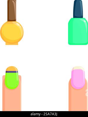 Collection de bouteilles de vernis à ongles en différentes couleurs et ongles peints assortis. Bouteilles colorées de vernis à ongles et ensemble de clous Illustration de Vecteur