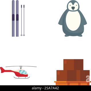 Icônes vectorielles de l'équipement de sports d'hiver, pingouin mignon, hélicoptère volant, et boîtes empilées. Assortiment d'icônes set ski, pingouin, hélicoptère, boîtes Illustration de Vecteur