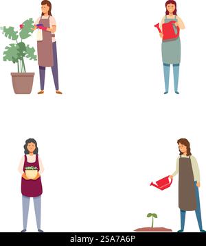 Collection d'illustrations représentant des femmes effectuant diverses tâches de jardinage. Ensemble de personnages féminins jardinage et soin des plantes Illustration de Vecteur