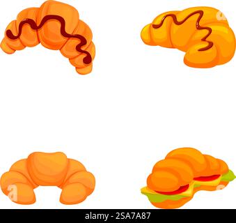Délicieuse cuisine française, assortiment d'illustrations vectorielles de croissants pour les articles de menu de boulangerie, avec chocolat, petit déjeuner, collation et desserts. Collection de quatre illustrations de croissants, y compris classique, arrosé de chocolat, ordinaire et sandwich Illustration de Vecteur