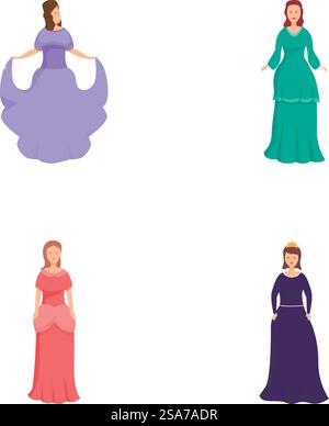 Ensemble de quatre femmes élégantes illustrées portant différents styles de robes vintage, isolées sur fond blanc. Femmes élégantes dans l'illustration de robes historiques Illustration de Vecteur