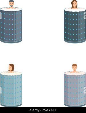 Quatre personnes se relaxant dans des bains à remous stylisés séparés, mettant en valeur la diversité et les loisirs. Diverses personnes trempant dans des bains à remous de dessin animé Illustration de Vecteur