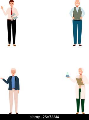 Collection d'illustrations mettant en vedette des hommes en tenue professionnelle variée, du monde des affaires à la science. Ensemble de personnages masculins professionnels dans divers rôles Illustration de Vecteur