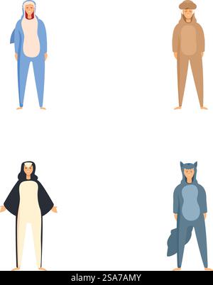 Collection de quatre personnages de dessins animés habillés de jolis onesies animalthemed. Ensemble de personnes diverses portant des costumes d'animaux Illustration de Vecteur