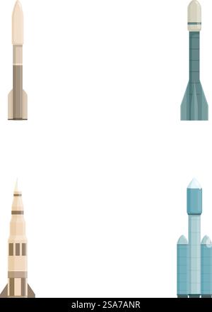 Collection de quatre fusées spatiales de dessins animés vectoriels adaptées à diverses conceptions. Ensemble de fusées spatiales de dessin animé isolées sur blanc Illustration de Vecteur