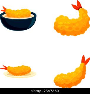 Collection de tempura de crevettes de bande dessinée dans différentes présentations, isolé sur blanc. Divers styles de tempura de crevettes de bande dessinée Illustration de Vecteur