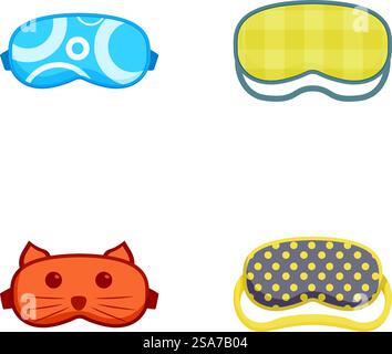 Collection de quatre masques de sommeil de dessin animé mignons avec divers motifs et formes. Ensemble de masques de sommeil de dessin animé isolés sur blanc Illustration de Vecteur
