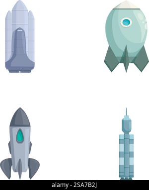 Collection de quatre fusées spatiales de style dessin animé, chacune avec un design unique. Ensemble de fusées spatiales de dessin animé isolées sur blanc Illustration de Vecteur