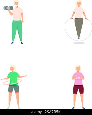 Ensemble de quatre illustrations montrant une personne âgée effectuant différents exercices. Illustrations de fitness et d'exercice pour seniors Illustration de Vecteur