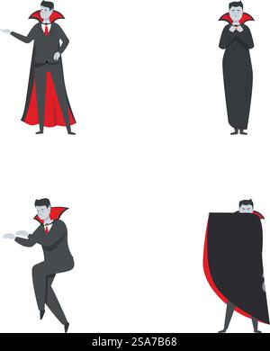 Collection de quatre illustrations créatives de vampires, parfaites pour des designs sur le thème d'halloween. Ensemble de personnages de vampire de dessin animé dans diverses poses Illustration de Vecteur