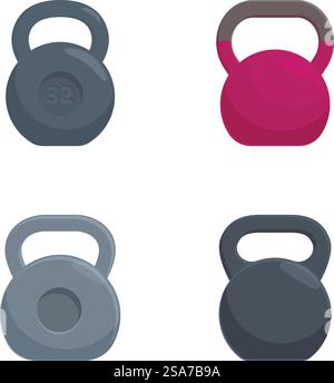 Illustration vectorielle de quatre kettlebells dans différentes couleurs adaptées aux designs fitnessthemed. Ensemble de kettlebells en différentes couleurs Illustration de Vecteur