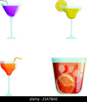 Collection colorée de quatre vecteurs de verre de cocktail, idéal pour les thèmes de bar et de fête. Ensemble vectoriel de verres à cocktail assortis Illustration de Vecteur