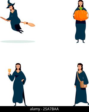 Collection de quatre individus vêtus de costumes classiques d'halloween, parfaits pour les thèmes saisonniers. Ensemble diversifié de personnes en costumes d'halloween Illustration de Vecteur