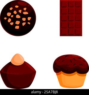 Assortiment de gâteries au chocolat avec une variété de délicieuses confiseries et produits de boulangerie, y compris des bonbons, des barres, des chips, des pralines, muffins, et plus encore. Parfait pour satisfaire votre dent sucrée. Ensemble d'illustration vectorielle mettant en vedette diverses confiseries au chocolat parfaites pour des motifs sucrés Illustration de Vecteur