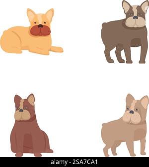 Collection de quatre jolies illustrations de bouledogues français dans différentes couleurs et poses. Ensemble de bouledogues français de dessin animé dans diverses poses Illustration de Vecteur