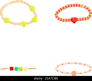 Illustration de collection de bracelets colorés assortis avec des designs de bijoux élégants et à la mode pour les femmes et rsquo ; s vêtements de poignet élégants. Doté d'une variété de perles décoratives. Charme. Moderne. Ensemble de quatre bracelets élégants avec diverses perles et breloques sur un fond blanc Illustration de Vecteur