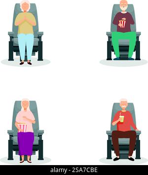 Collection d'illustrations mettant en scène des couples âgés en train de regarder un film avec pop-corn. Couples seniors à l'ensemble de vecteurs de films Illustration de Vecteur