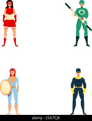 Illustration vectorielle de quatre super-héros distincts dans des poses dynamiques, mettant en valeur la diversité. Ensemble de quatre poses de super-héros diverses Illustration de Vecteur