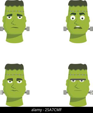 Collection de quatre têtes de dessin animé frankenstein avec différentes expressions faciales. Ensemble de visages de monstre frankenstein de dessin animé Illustration de Vecteur